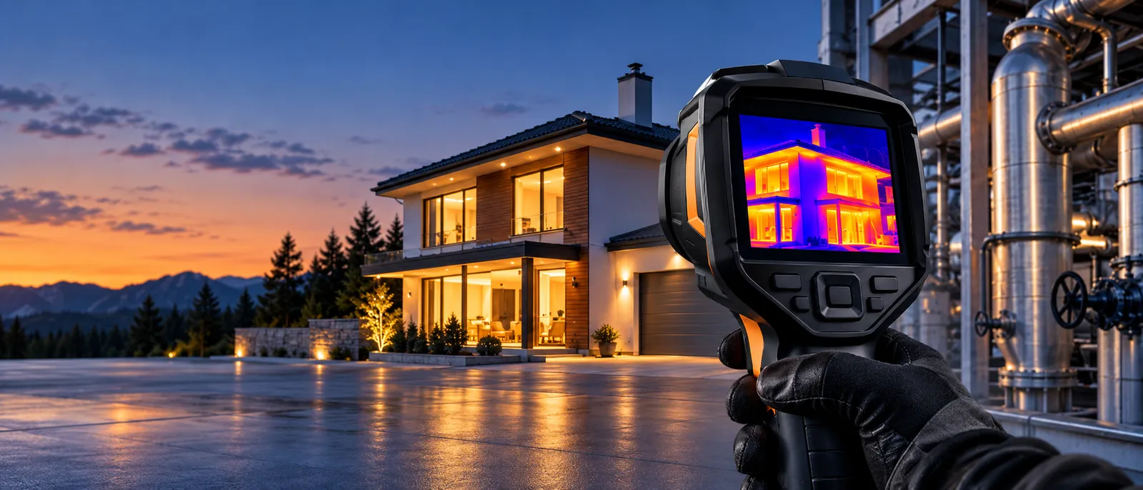 Cámara térmica apuntando a una casa al atardecer, con la imagen térmica de la vivienda en su pantalla